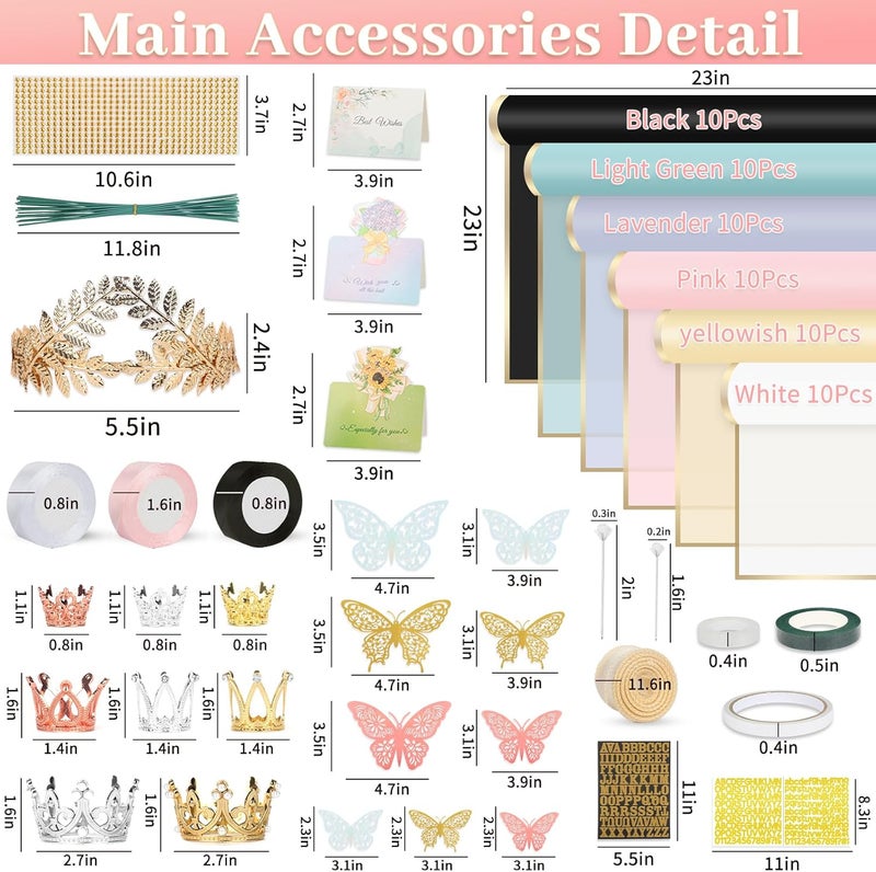 Besuper 260Pcs Flower Bouquet Wrapping Paper Kit, 60 Sheets Waterproof Paper, 36 Butterflies, 8 Crowns, 1 Headband, 4 Ribbons, 15 Cards, 100 Diamond Pins, 30 Floral Wire, 3 Stickers, 3 Tapes (6 Mix Colors) - Image 2